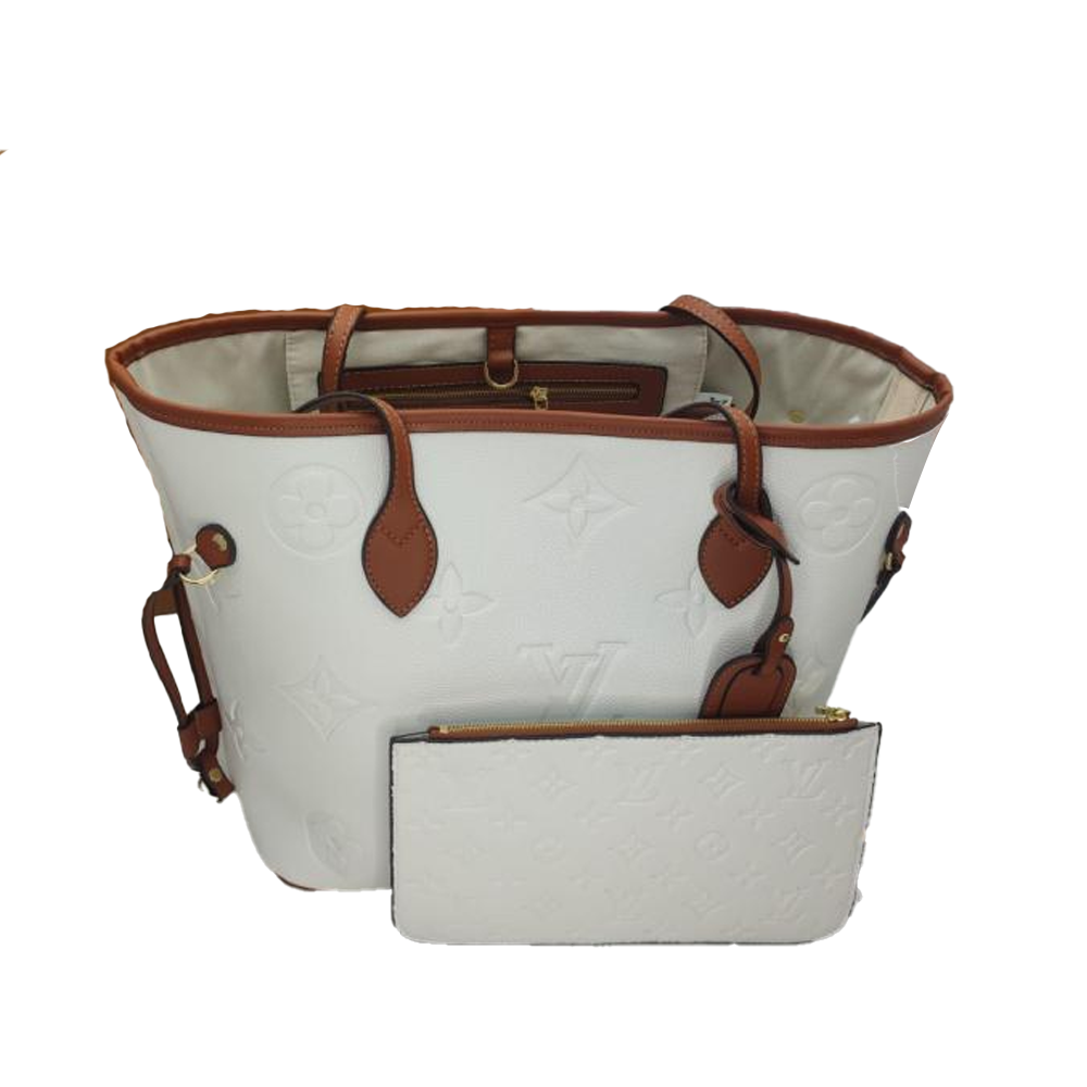 LV Neverfull MM Embossed Monogram White Leather Gold-color Hardware Handbag & Purse Set