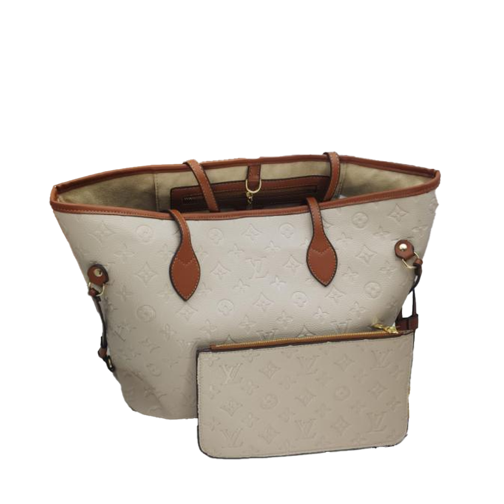 LV Neverfull MM Embossed Monogram Beige Leather Gold-color Hardware Handbag & Purse Set
