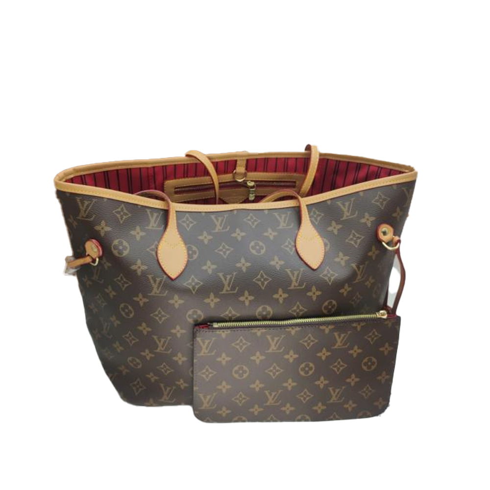 LV Neverfull MM Monogram Canvas Red Striped Textile Lining Handbag With Pouch