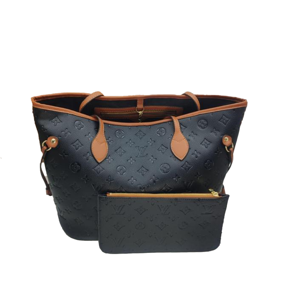 LV Neverfull MM Black Embossed Crossbody Bag Set
