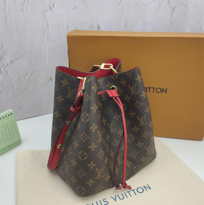 LV NéoNoé MM Monogram Canvas with Vibran Cowhide Red Leather Bucket Bag