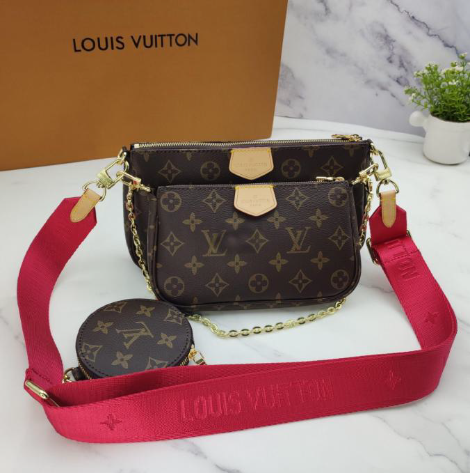 Louis Vuitton Multi Pochette Accessoires Monogram Canvas Red Strap Bag
